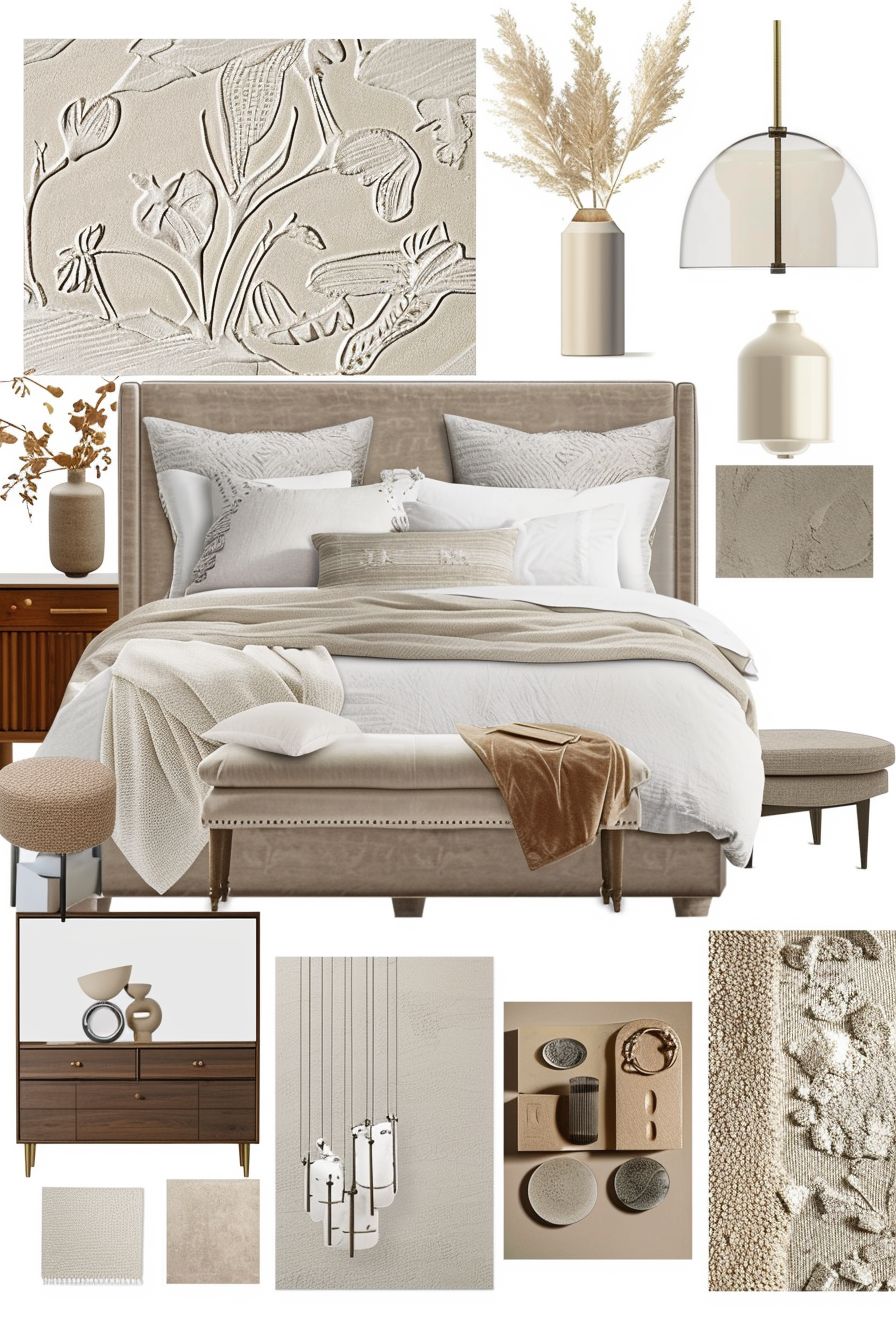 Contemporary Bedroom Elegance: Tan, Beige & Ivory Palette