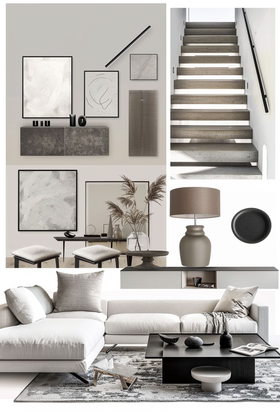 Modern Living Room Design: White, Grey & Stairs