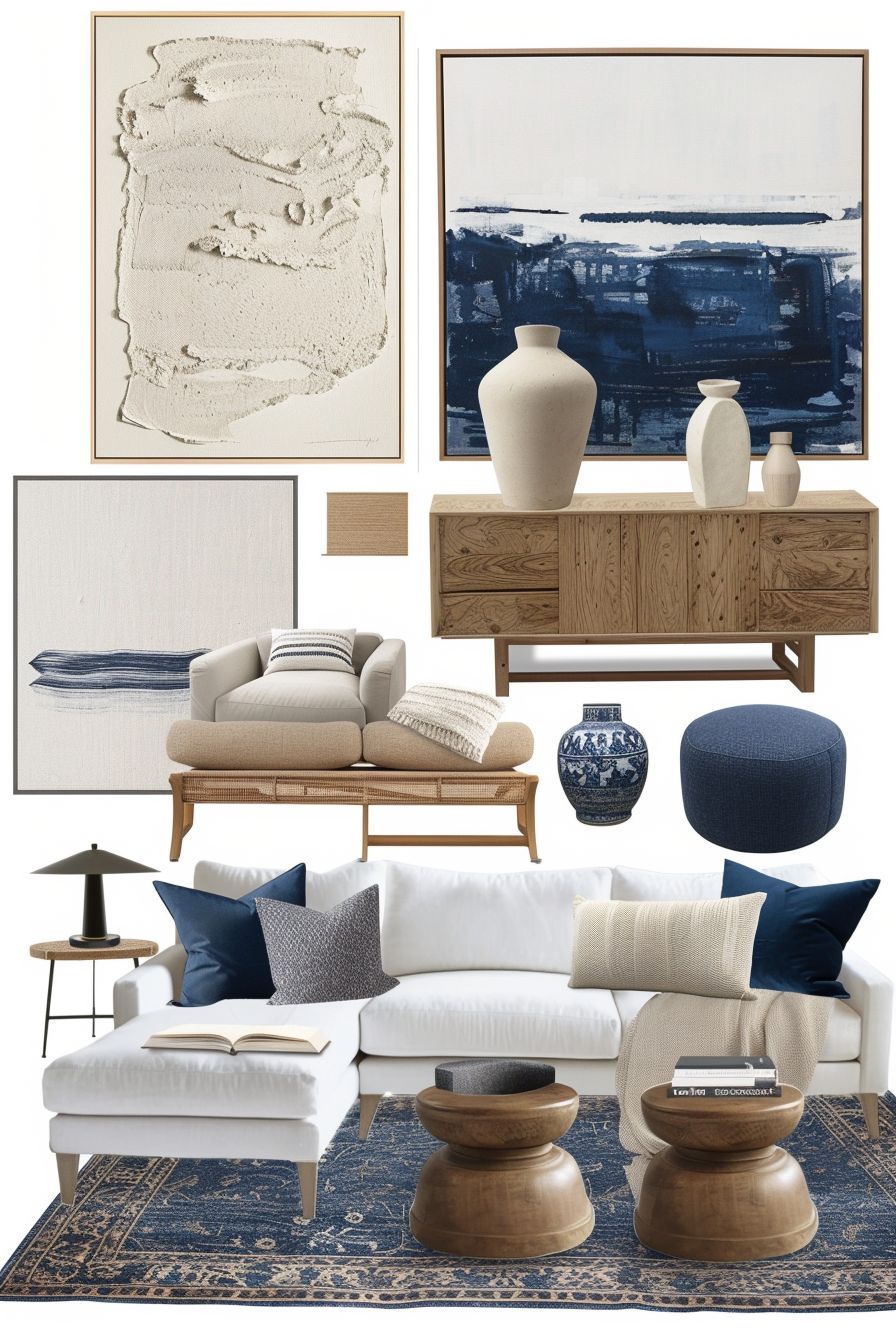 Eclectic Living Room: White, Off-White, & Navy Blue Fusion