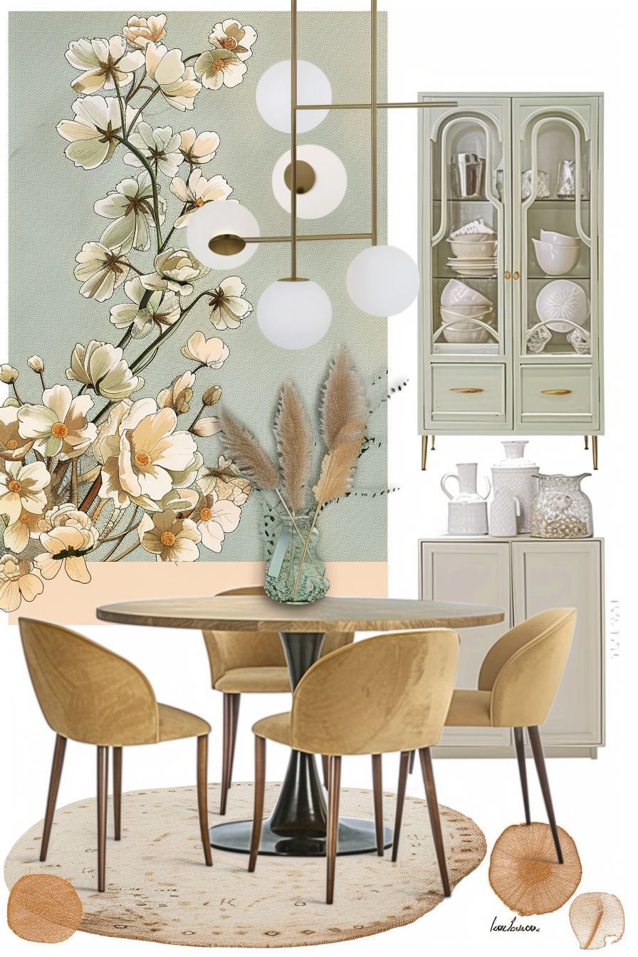 Transitional Dining Room with Mint, Yellow & Peach Harmony