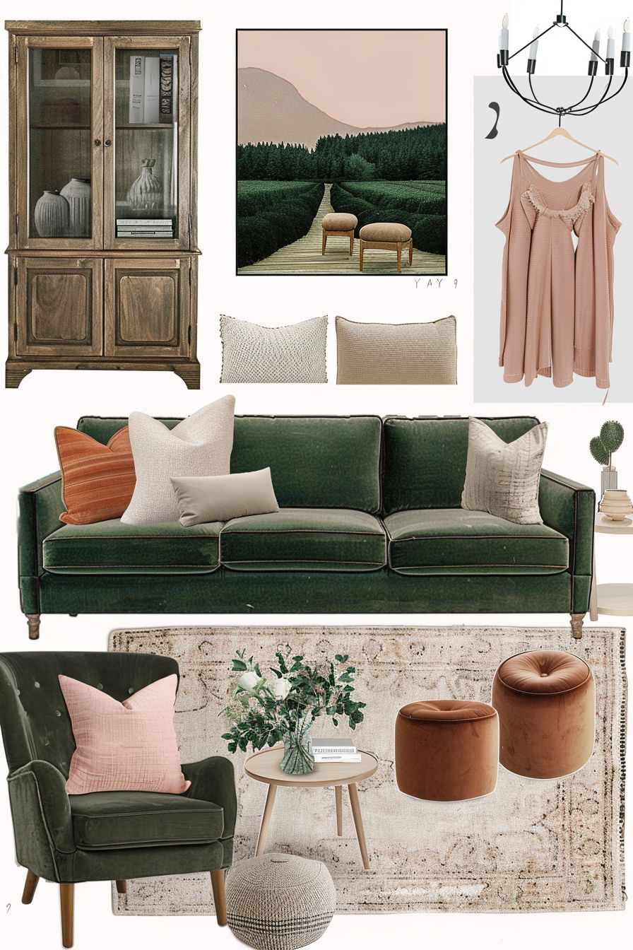 Charming Farmhouse Living Room: Forest Green & Dusty Rose Elegance