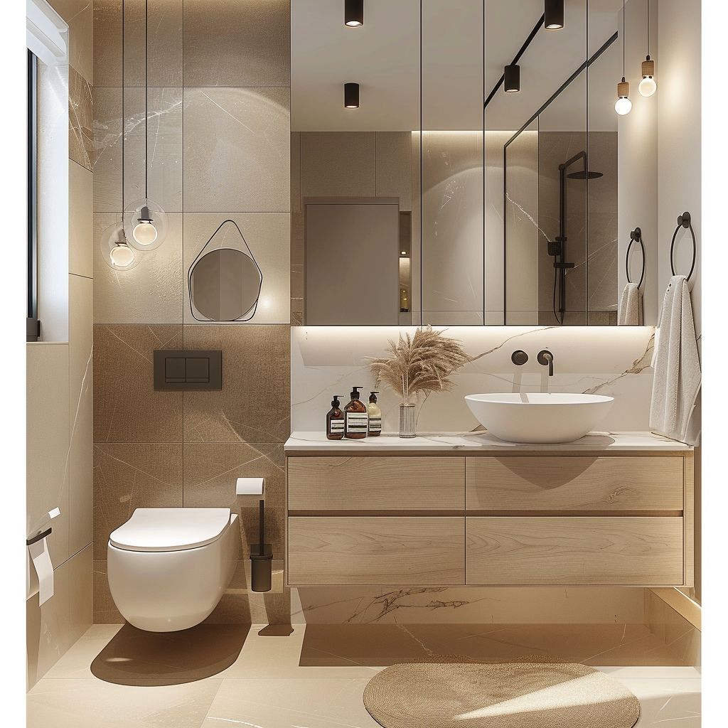 Elegant Modern Bathroom with Sleek Bathtub and Stylish Cabinet