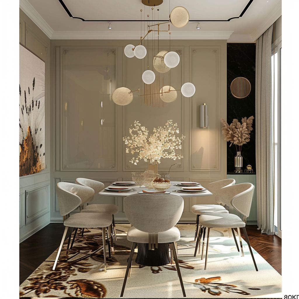 Chic Dining Room Design with Modern Artwork & Cozy Seating