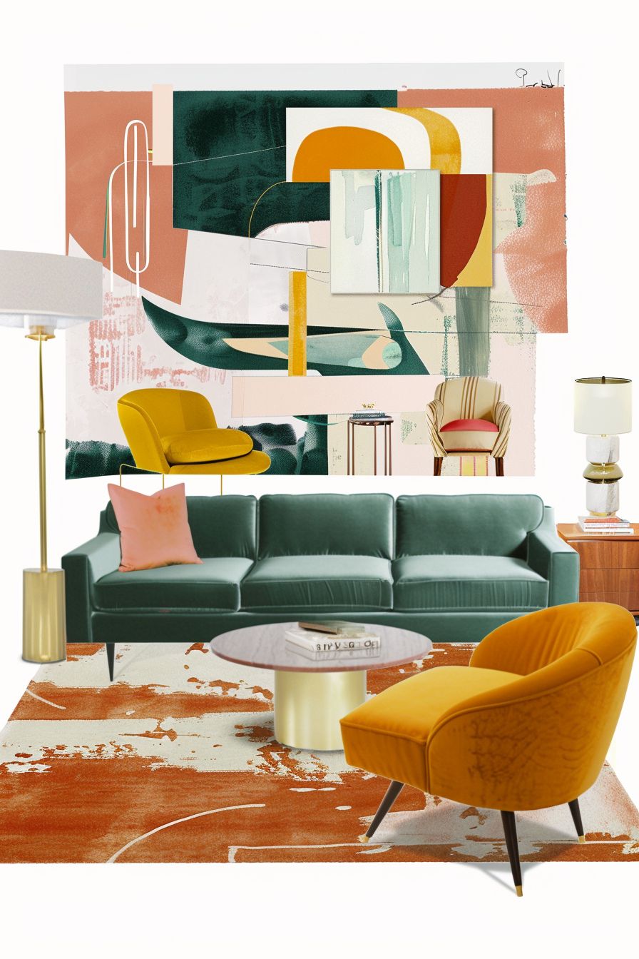 Mid-Century Modern Living Room: Mint, Yellow & Peach Delight