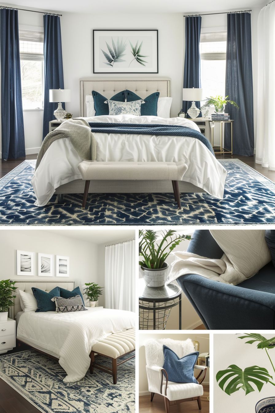 Scandinavian Bedroom Design with Navy Blue & White Accents