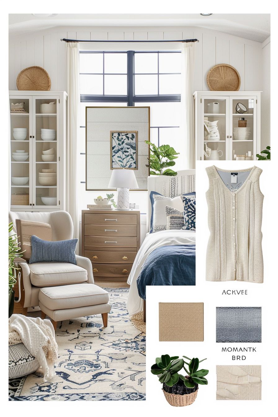 Serene Bohemian Bedroom: Navy & White Tranquility