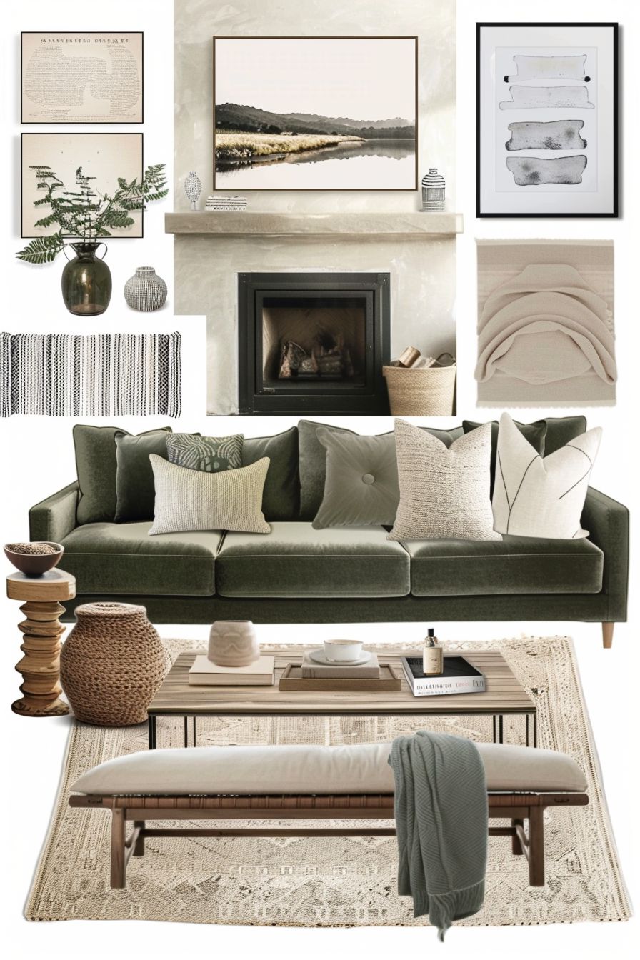 Modern Living Room: Sage Green & Off-White Elegance