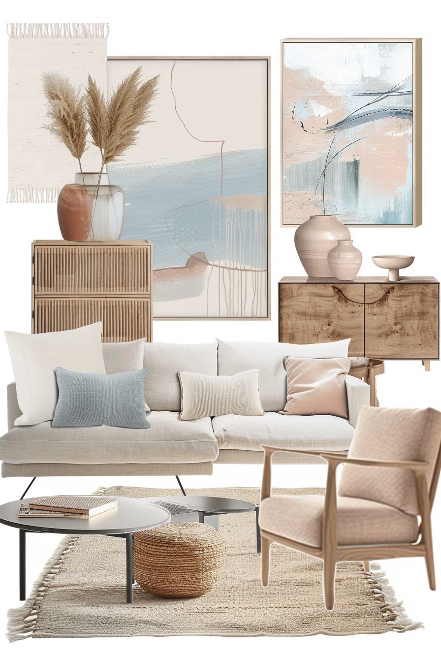 Elegant Minimalist Living Room: Powder Blue and Soft Pink