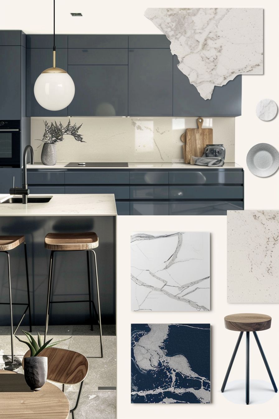 Modern Kitchen Design: White, Off-White & Navy Blue Palette