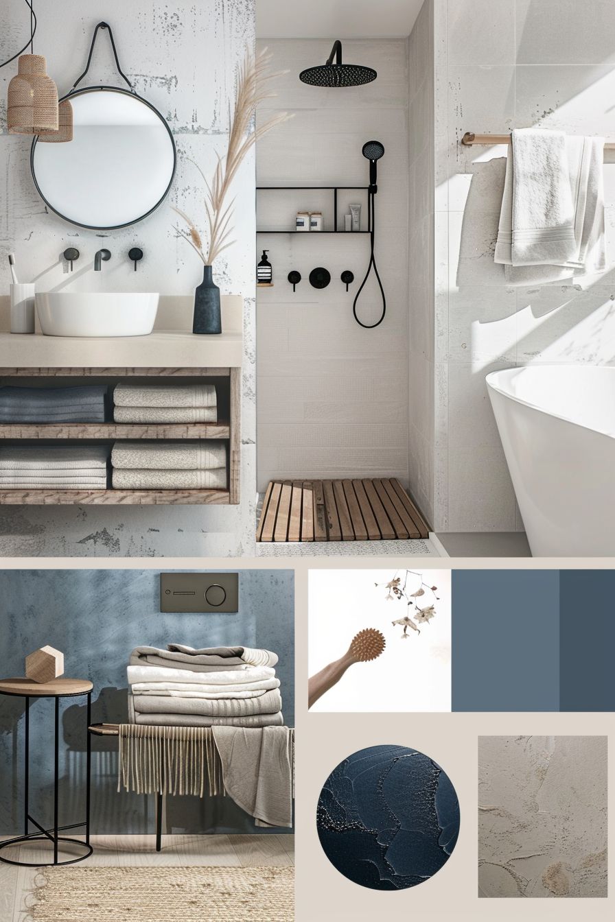 Modern Bathroom Design: White, Off-White & Navy Blue Elegance