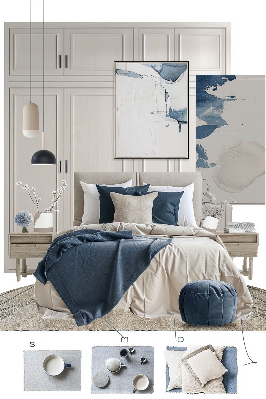 Modern Bedroom Bliss: White, Off-White & Navy Blue Elegance