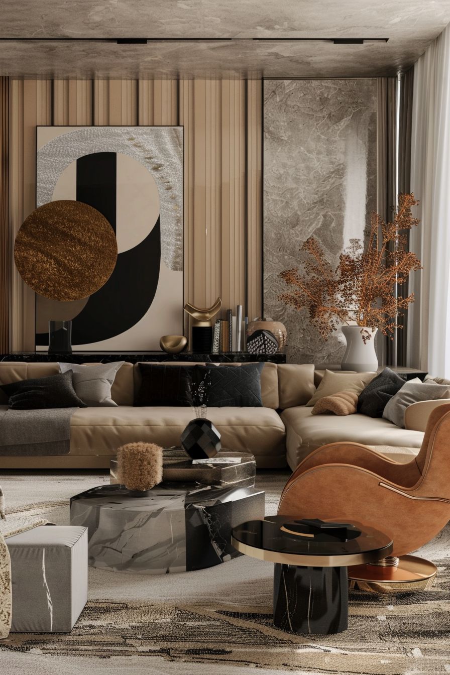 Contemporary Living Room with Black, Tan, and Champagne Elegance