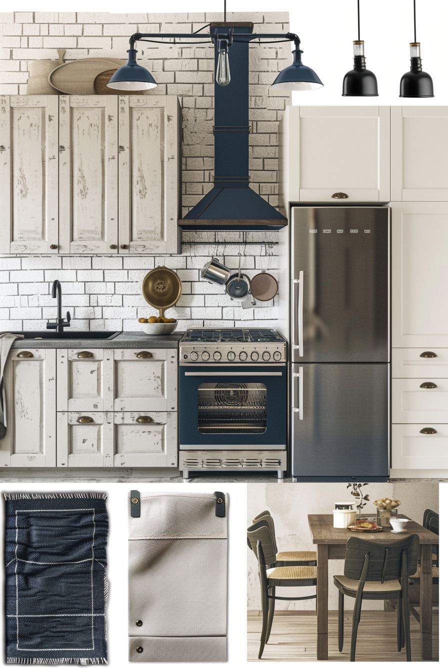 Modern Kitchen Design: White, Off-White & Navy Blue Elegance