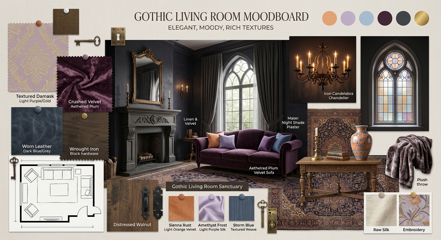 Enchanting Gothic Living Room: A Symphony of Light Hues