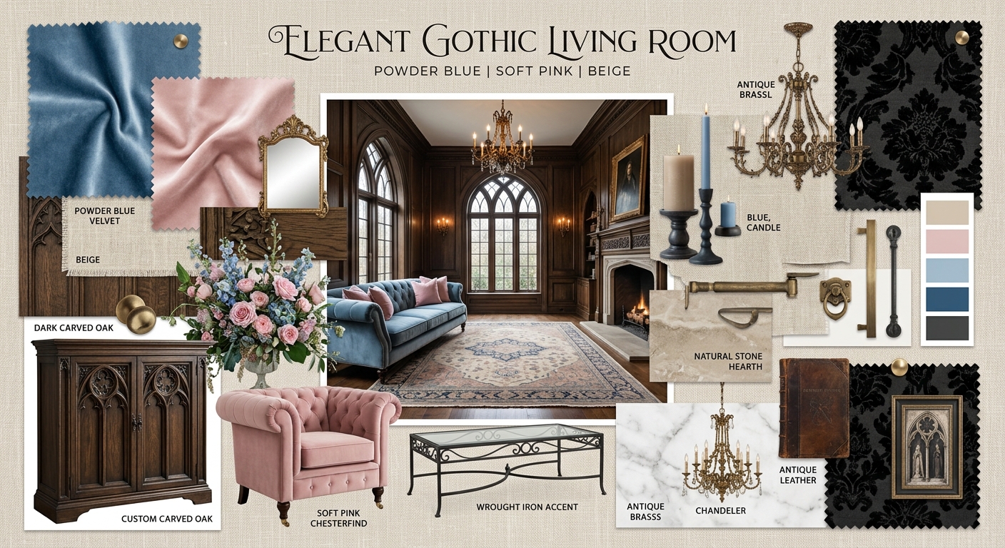 Enchanted Gothic Living Room: A Powder Blue & Soft Pink Haven