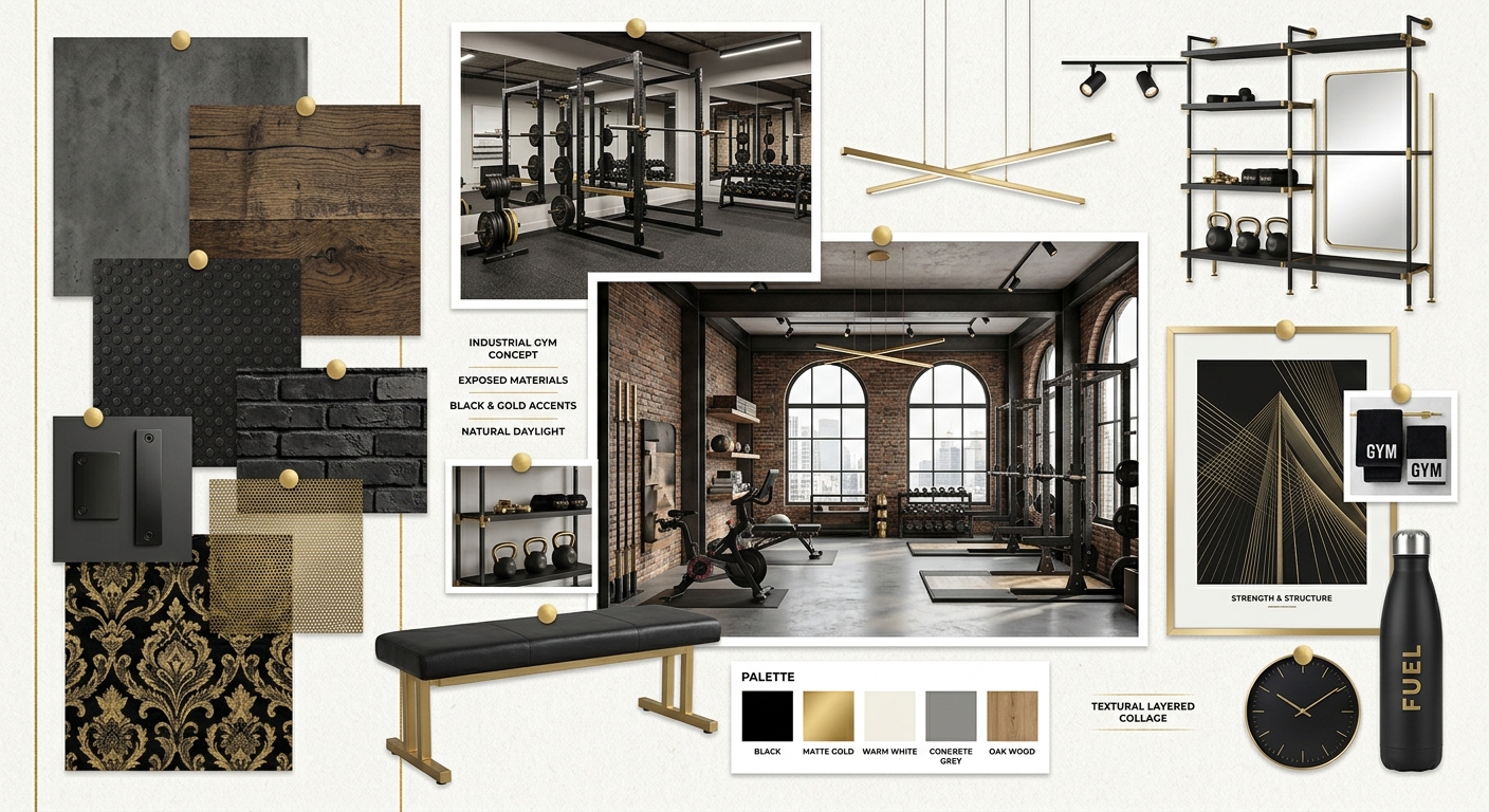 Revitalize Your Workout: Industrial Fitness Room Design in Black, Gold & White