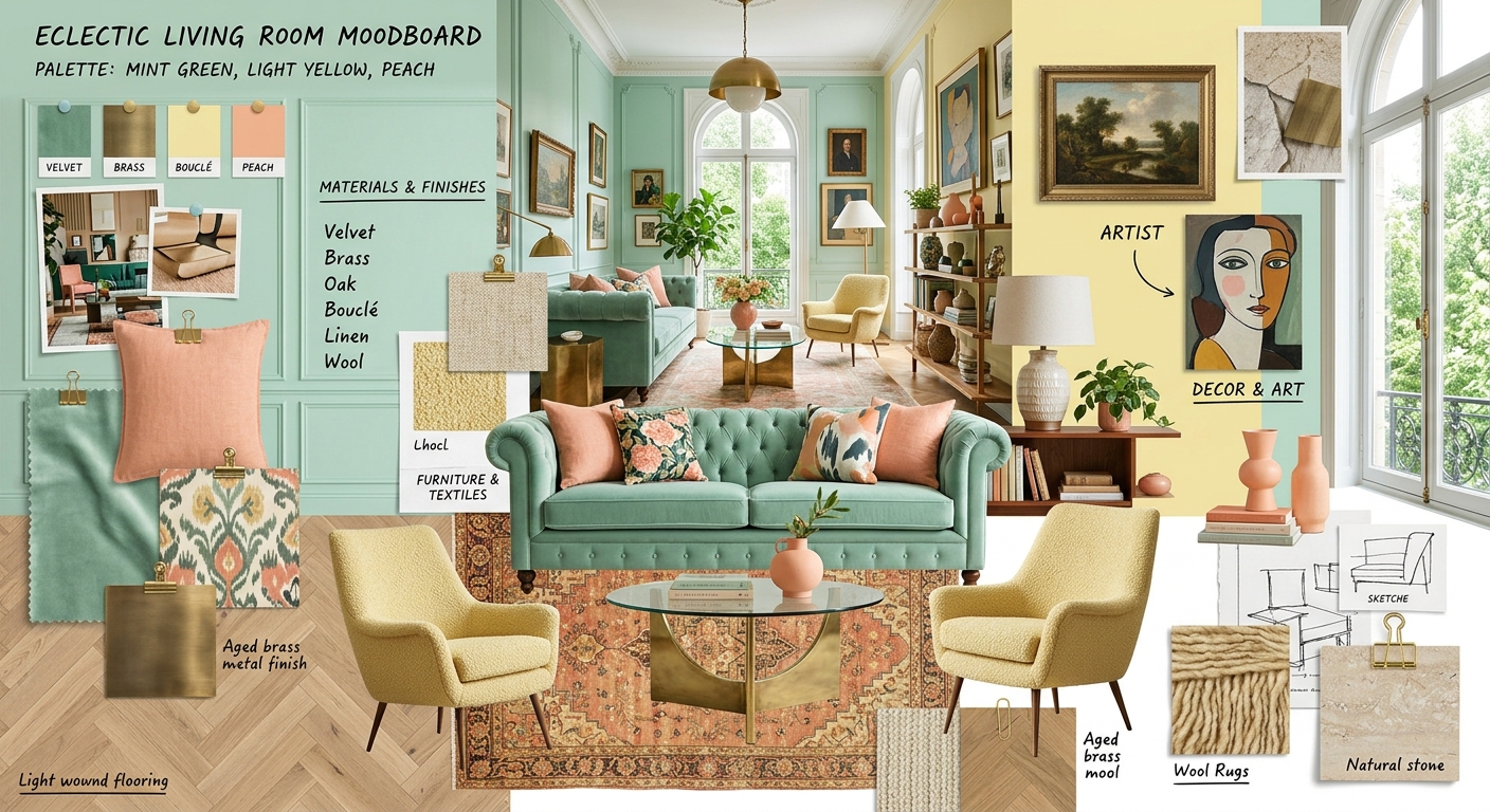 Eclectic Living Room Design: A Vibrant Symphony of Mint Green, Light Yellow & Peach