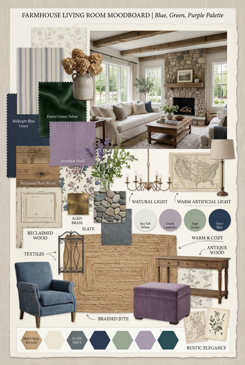 Farmhouse Living Room Harmony: A Blue, Green & Purple Symphony