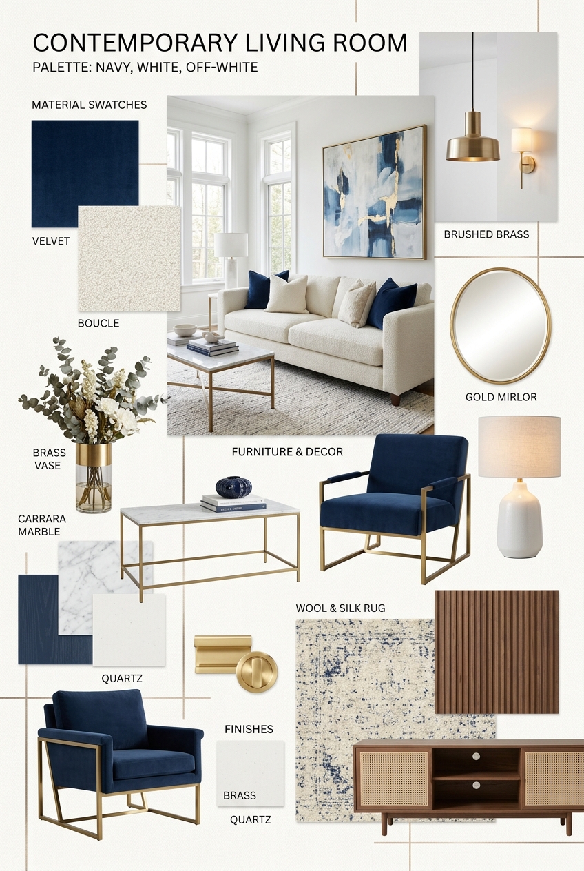 Contemporary Living Room Elegance: A Symphony of White and Navy Blue