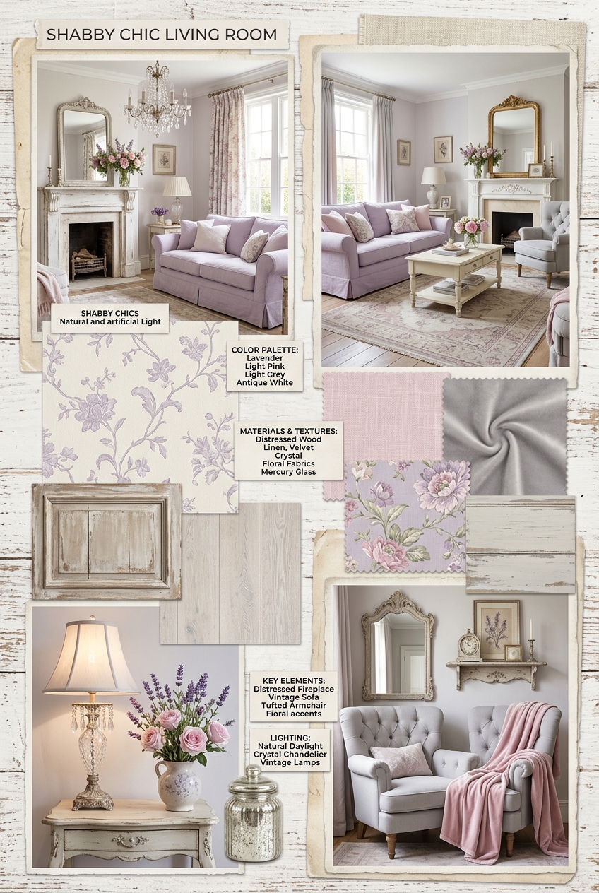 Enchanting Shabby Chic Living Room: A Symphony of Lavender & Light Pink