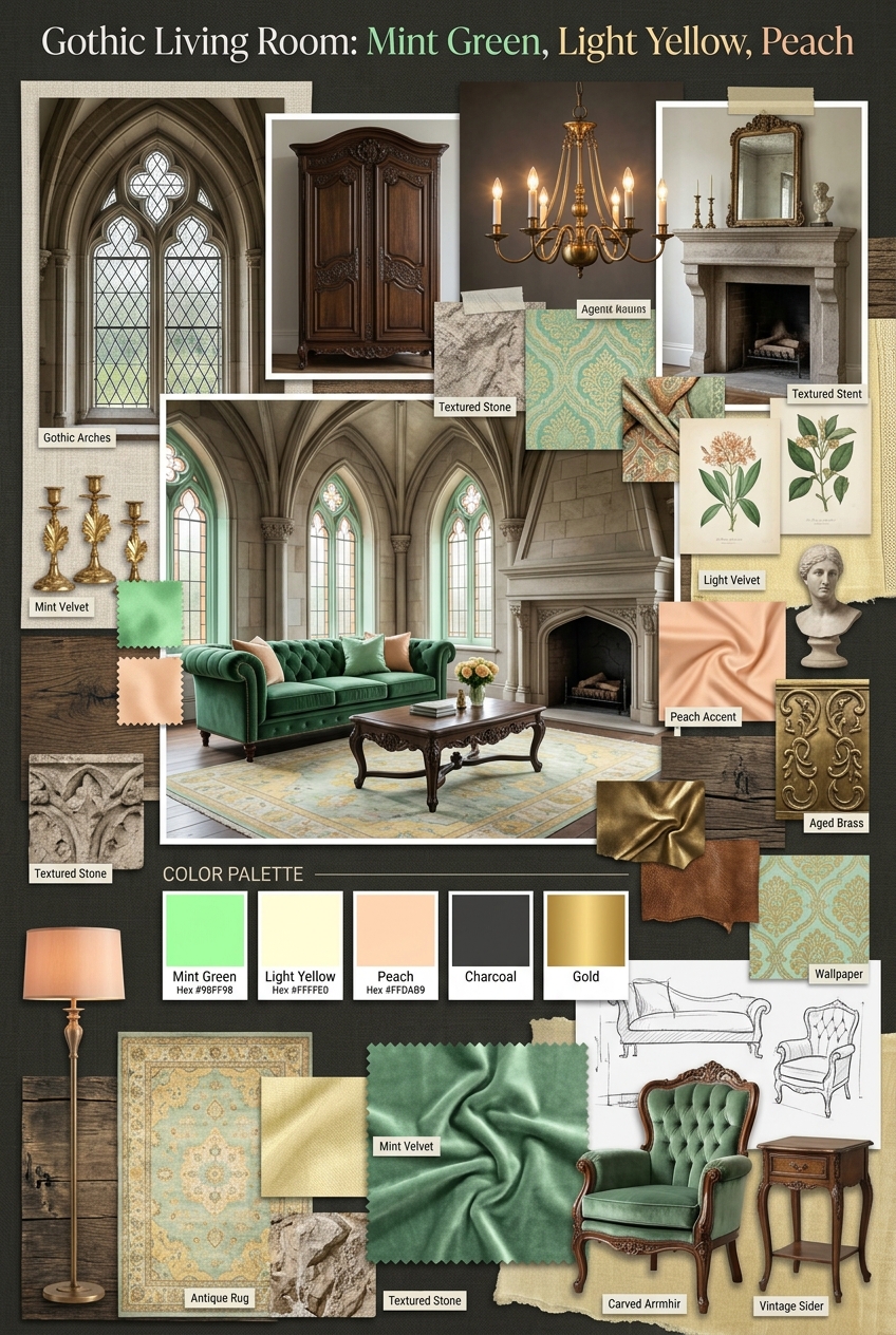 Enchanting Gothic Living Room: A Fresh Twist with Soft Hues