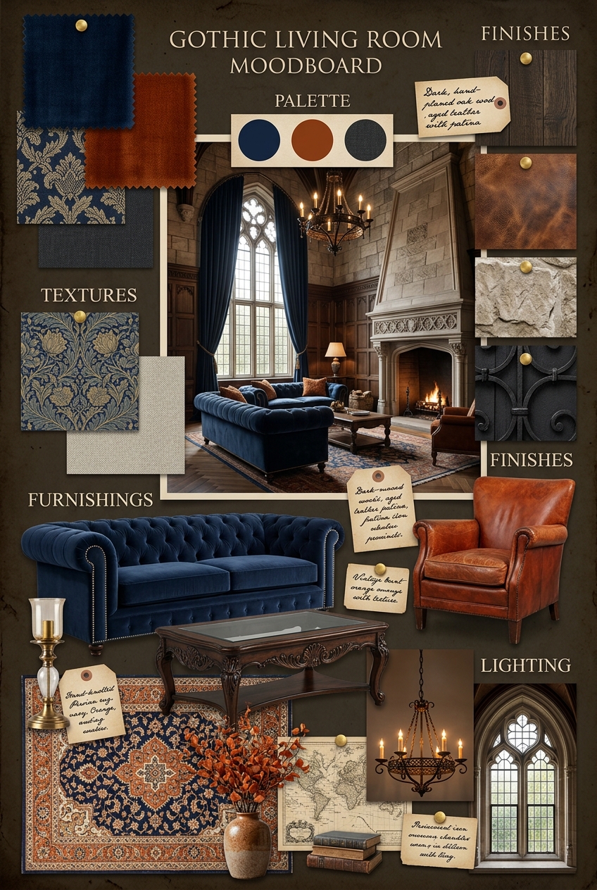 Gothic Living Room Enchantment: Navy Blue & Burnt Orange Elegance