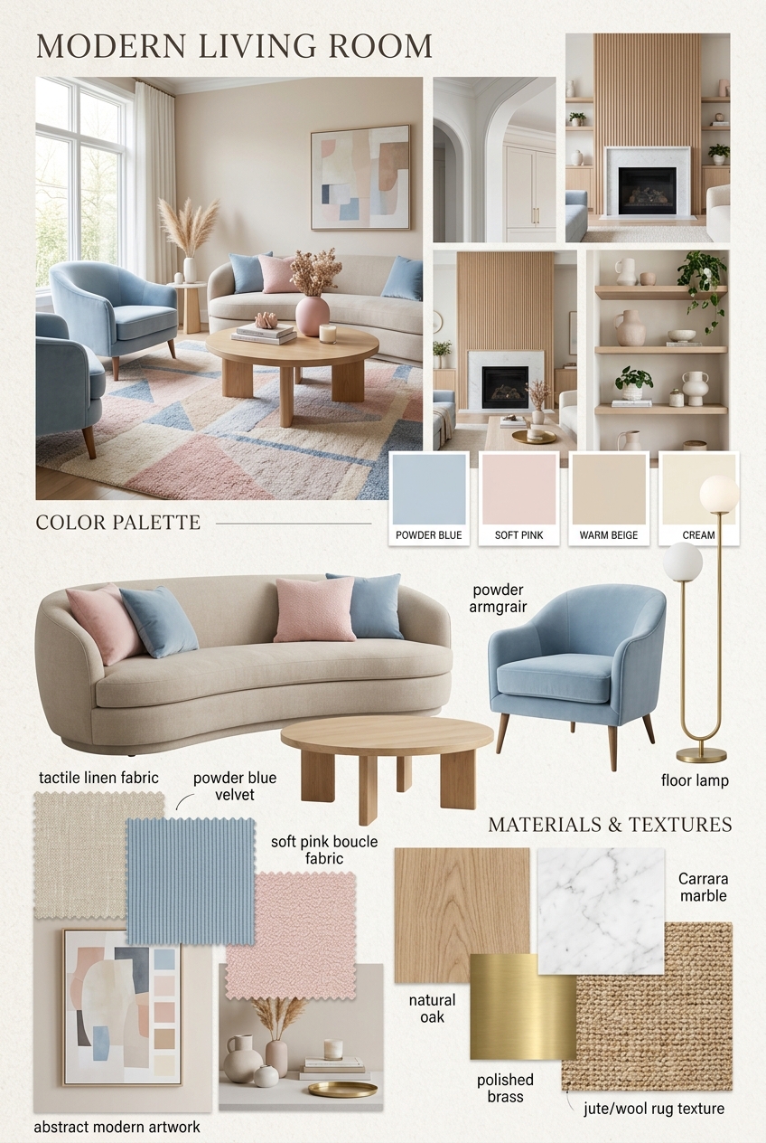 Modern Living Room Elegance: A Symphony of Powder Blue, Soft Pink, and Beige
