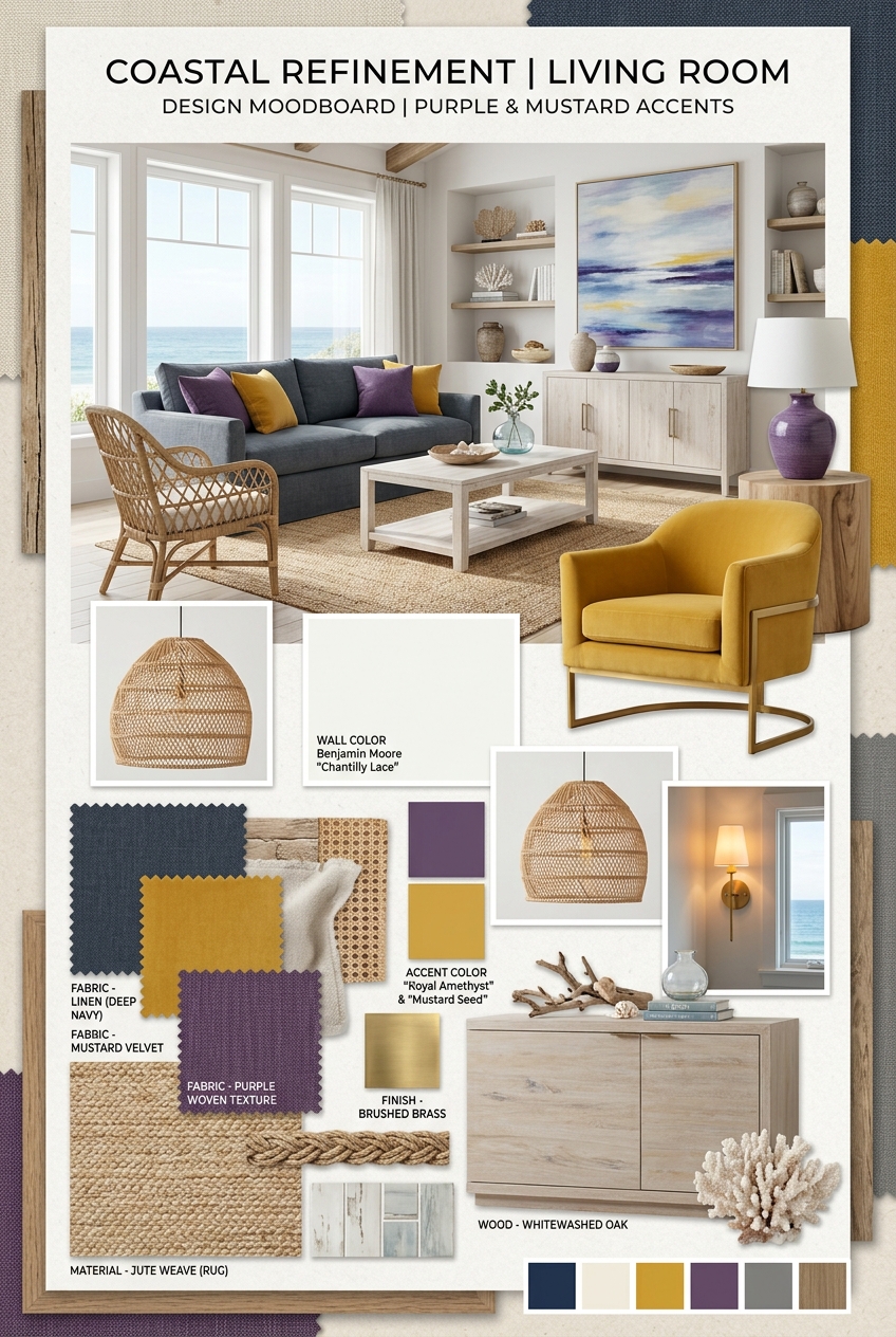 Seaside Serenity: Coastal Living Room with Purple & Mustard Hues