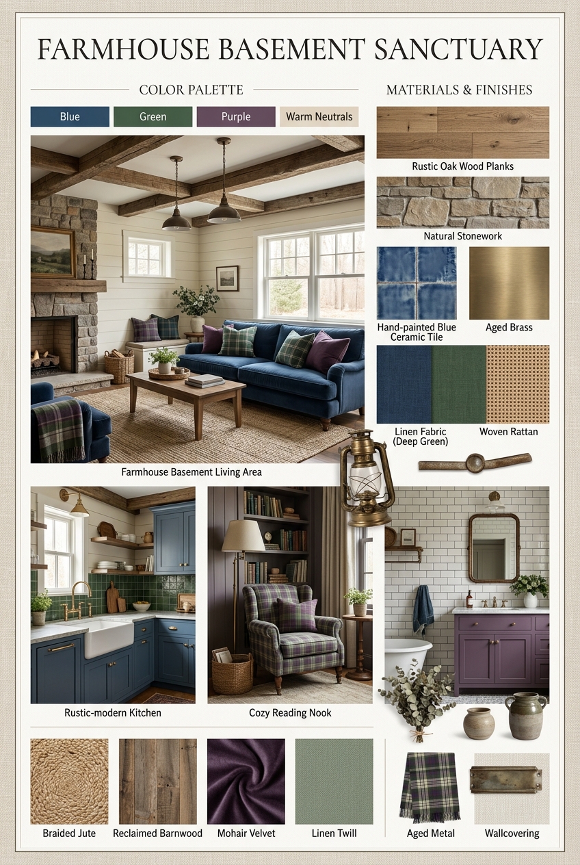 Transforming Basements: A Farmhouse Retreat with Blue, Green, and Purple Hues
