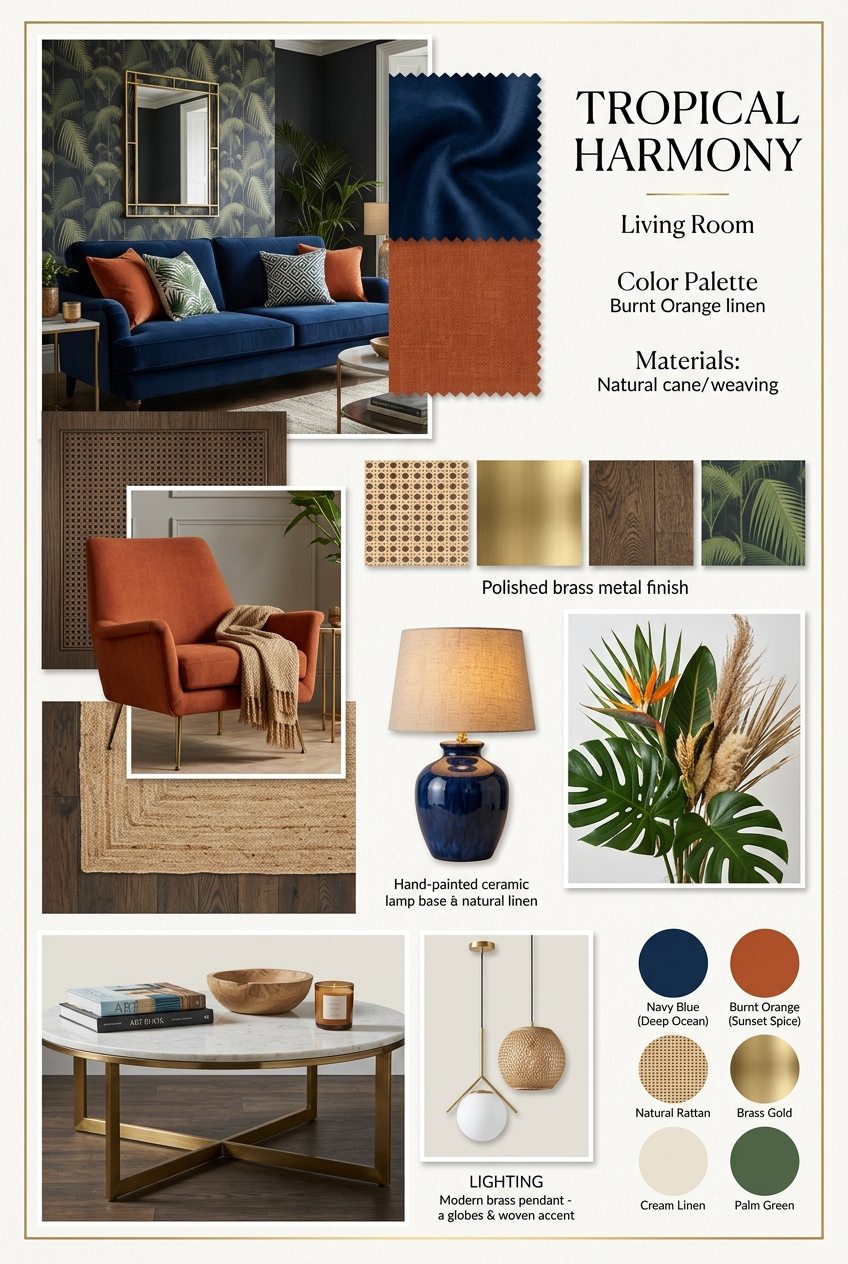 Transform Your Living Room with Tropical Elegance: Navy & Burnt Orange Fusion
