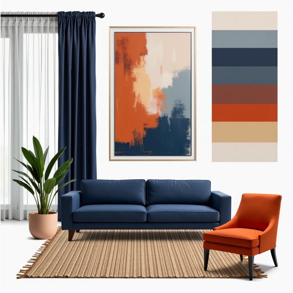 Modern Living Room Design: Navy & Orange Elegance