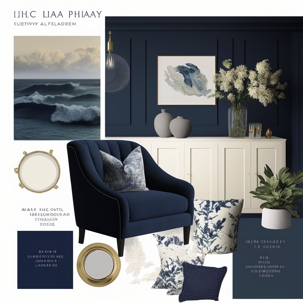 Coastal Living Room Elegance: White, Off-White & Navy Blue