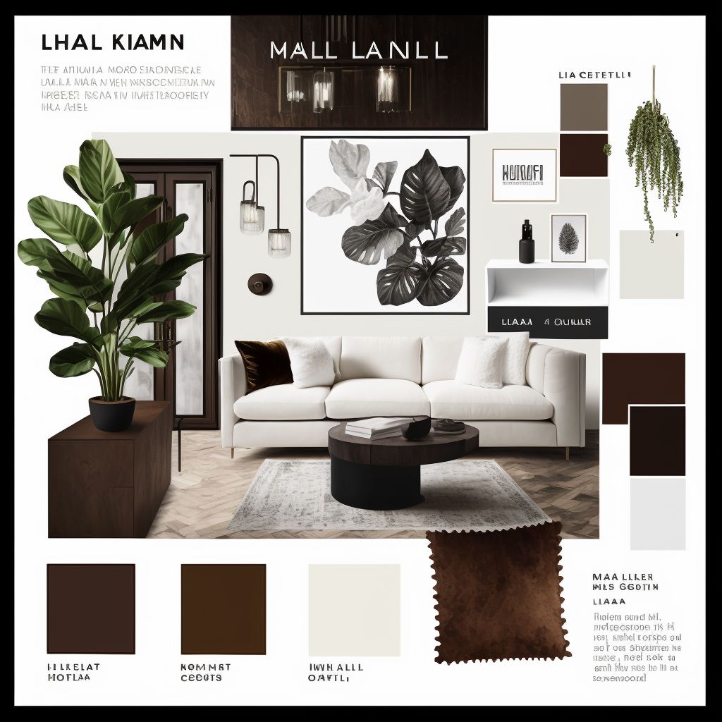 Modern Living Room Mood Board: White Monochrome & Dark Brown