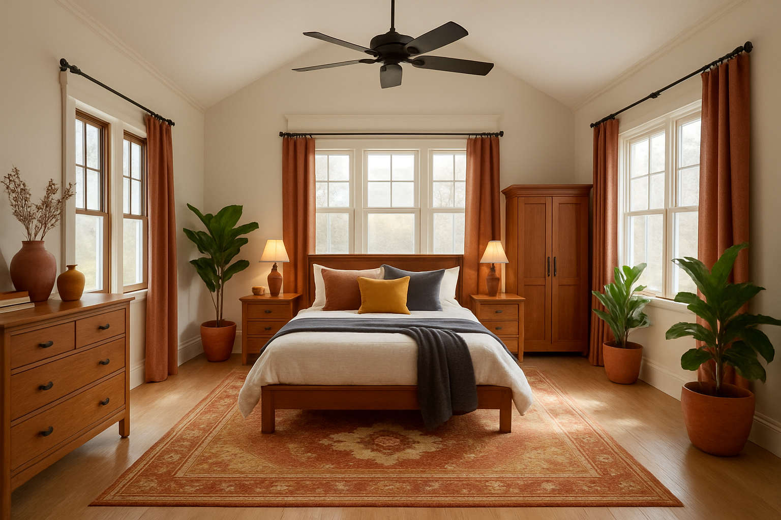 Craftsman Bedroom: Warm Tones & Airy Elegance