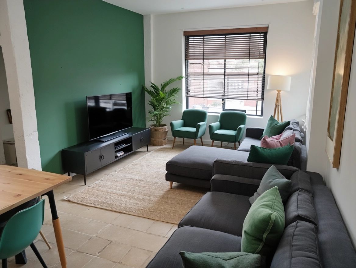 Industrial Living Room with Blue, Green, and Purple Flair