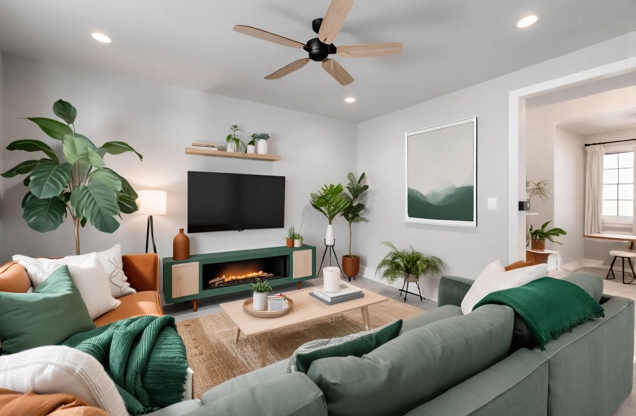 Contemporary Living Room with Dark Moss & Burnt Sienna Accents