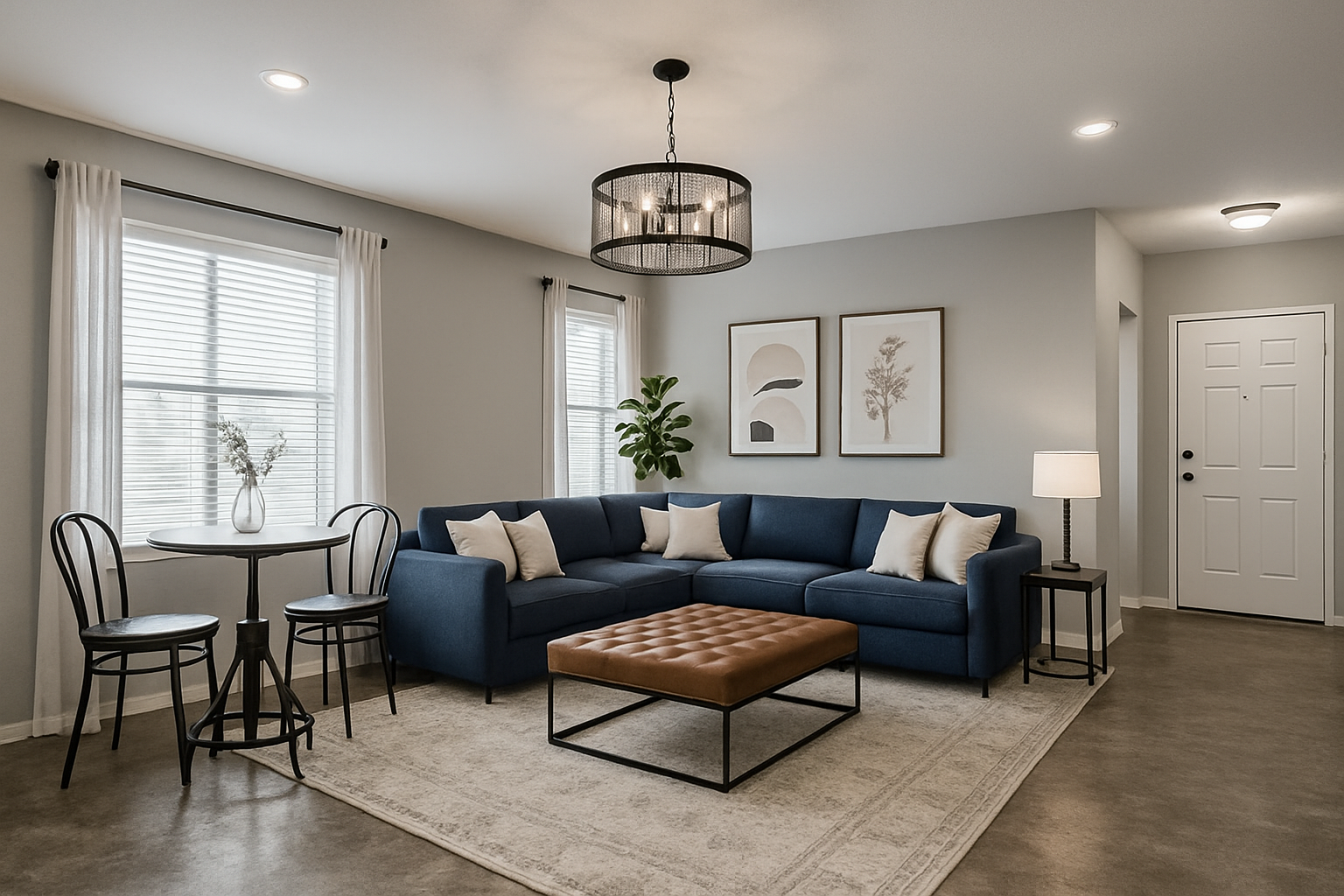 Spacious Industrial Living Room with Navy Blue Accents
