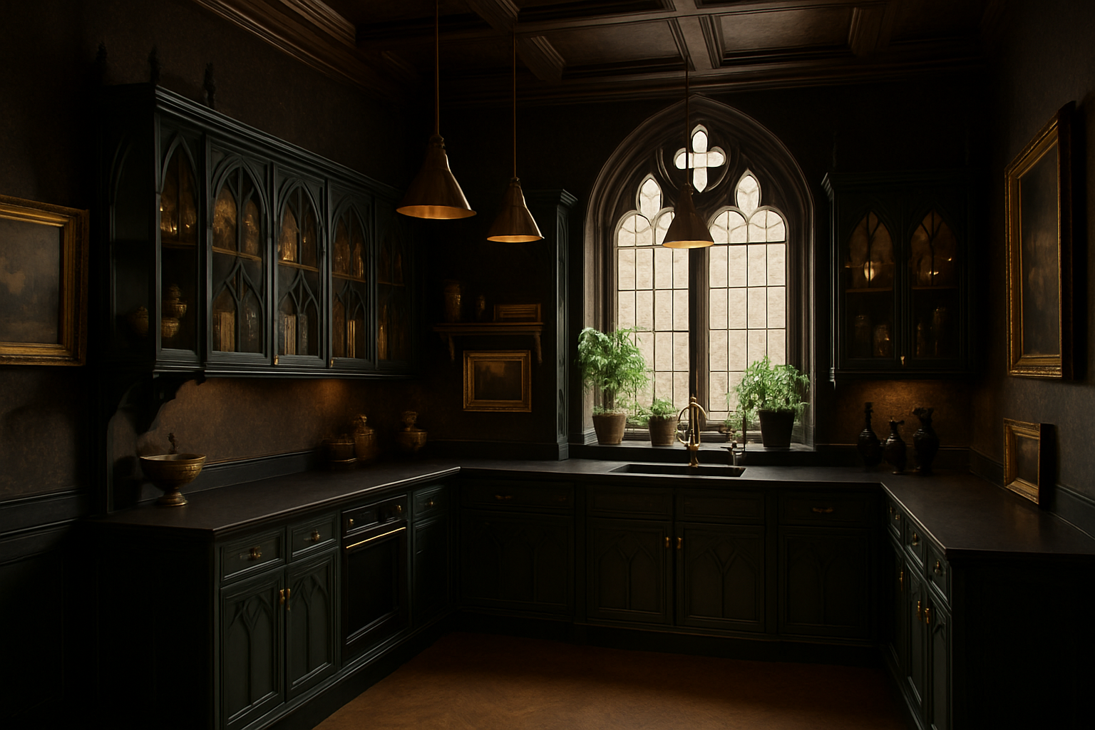 Elegant Gothic Kitchen Design with Dark Forest Green Flair