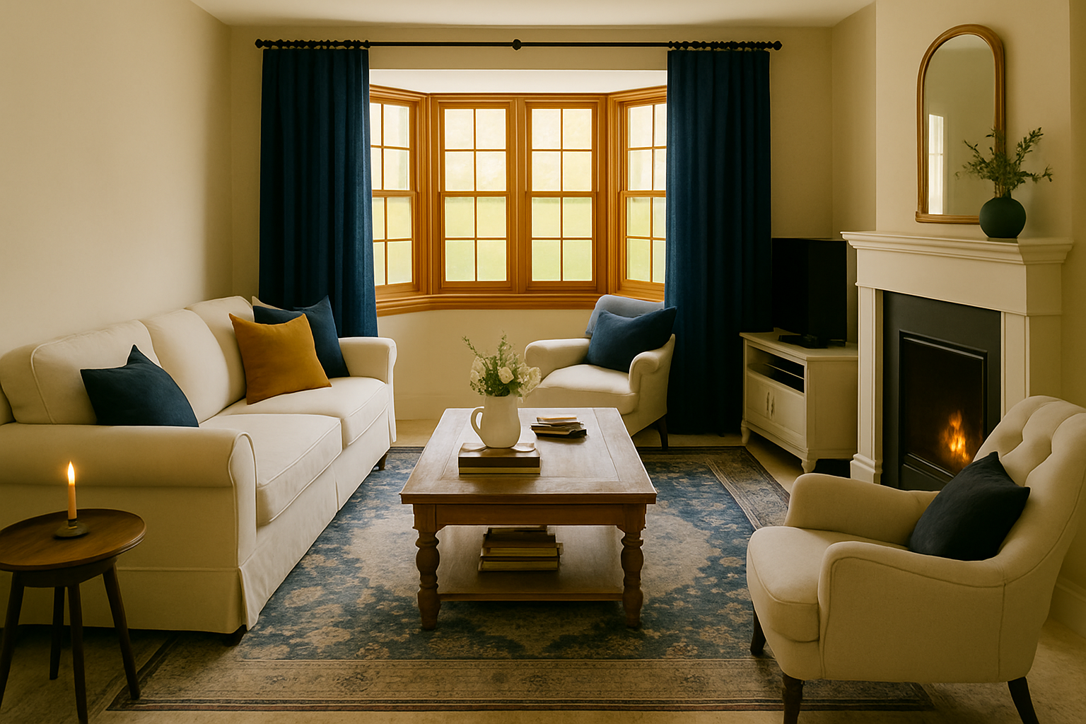 Shabby Chic Living Room with Bold Navy Accents
