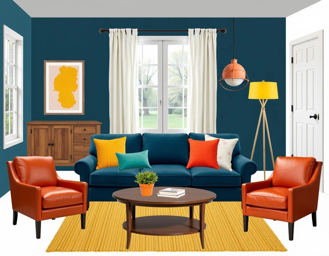 Transitional Living Room: Navy Base with Vibrant Accents