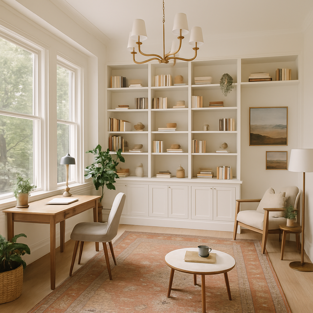 Transitional Home Office with Airy Elegance and Warmth