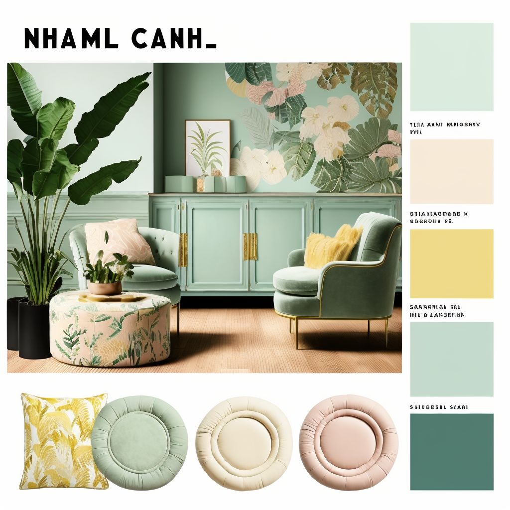 Tropical Living Room Bliss: Mint Green, Light Yellow & Peach