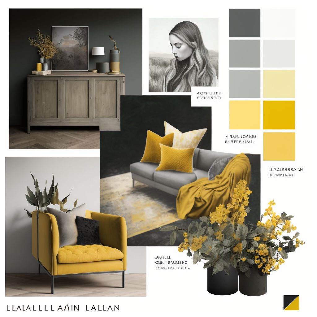 Rustic Living Room Mood Board: Yellow, Darkgray & White Charm