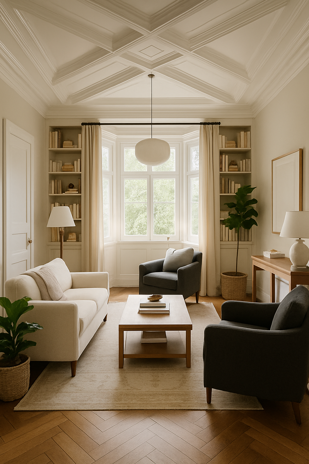 Elegant Transitional Library with Geometric Ceiling