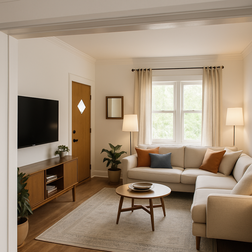 Mid-Century Modern Living Room in Navy and Burnt Orange