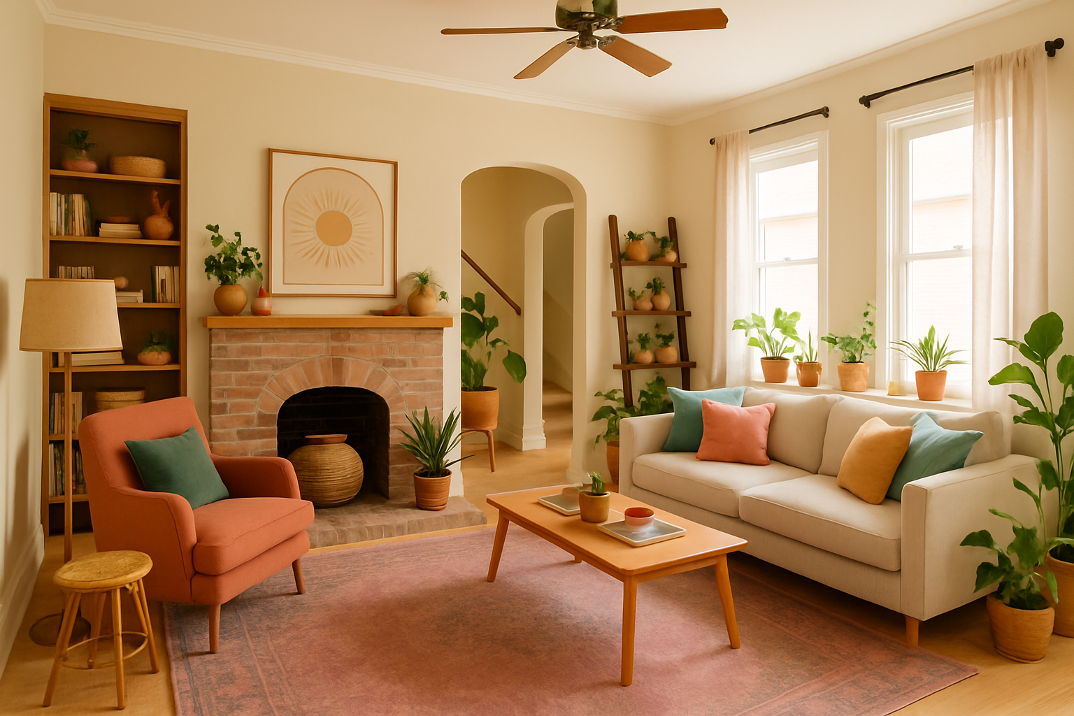 Bohemian Living Room with Teal, Coral & Mauve Charm