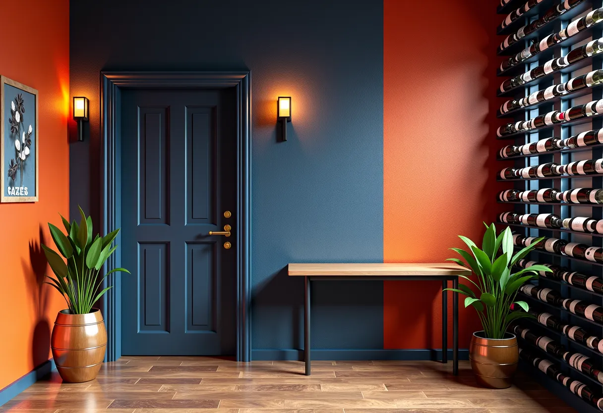 Rustic Wine Cellar: Vibrant Navy and Burnt Orange Elegance