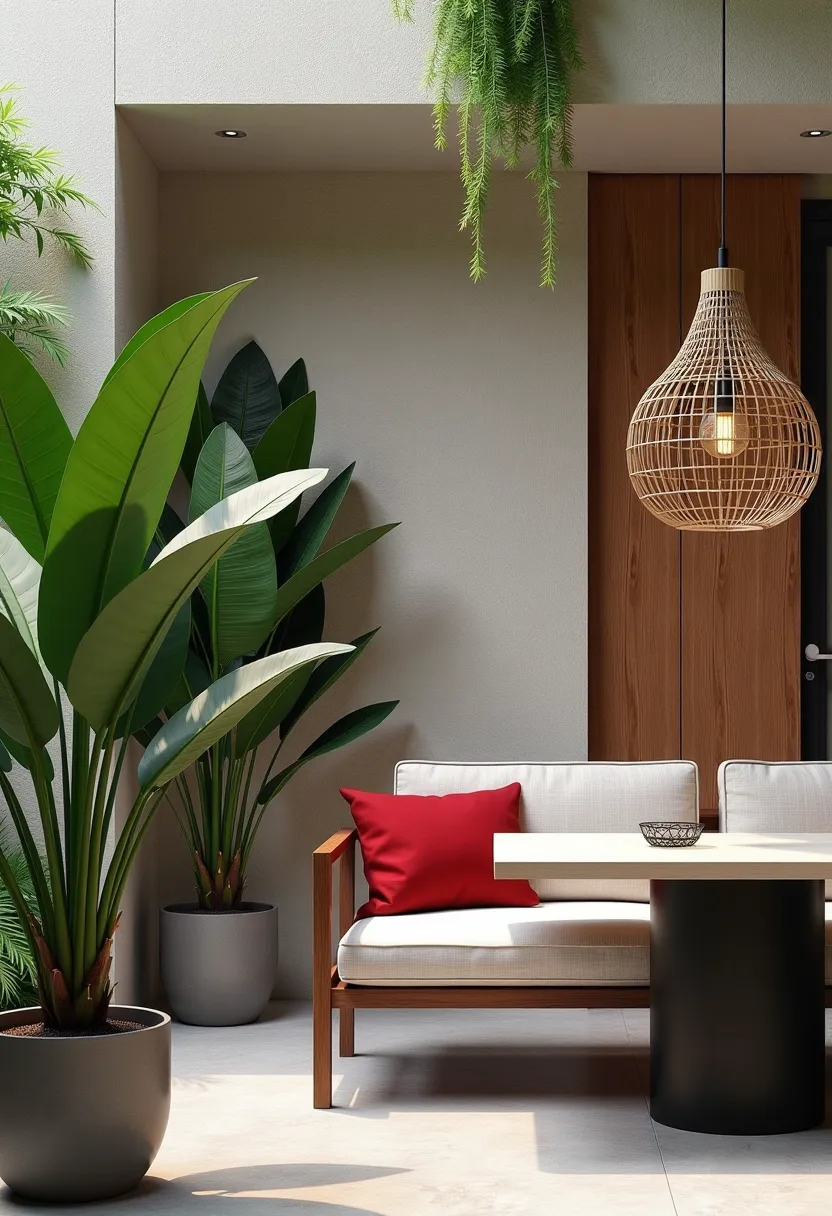 Modern Garden Oasis: Blanco, Marrón, Rojo & Negro