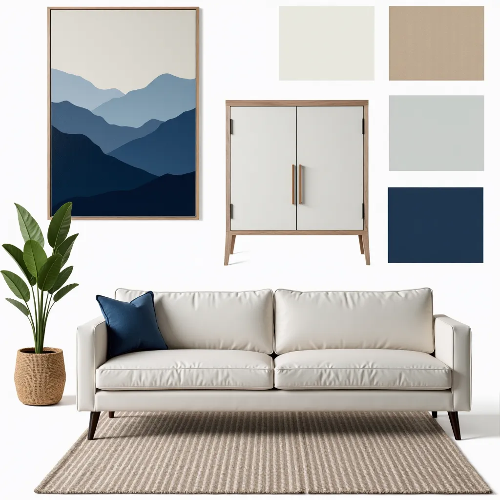 Minimalist Living Room: Navy Elegance with White & Off-White