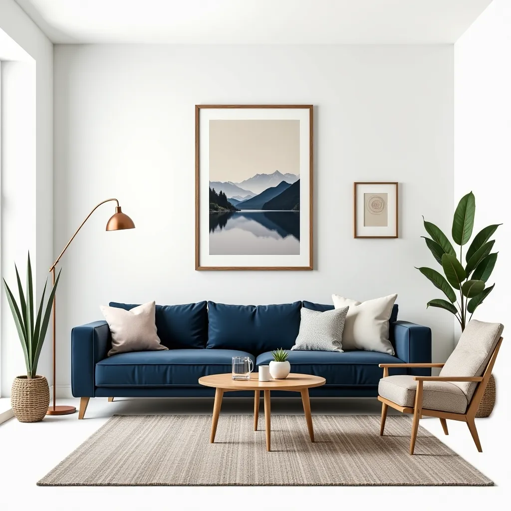 Modern Living Room: Natural Elegance with Navy Accents